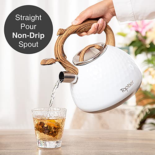 Tea Kettle, Toptier Teapot Whistling Kettle With Wood Pattern Handle Loud Whistle, Food Grade Stainless Steel Tea Pot For Stovetops Induction Diamond Design Water Kettle, 2.7-Quart White #TOP5