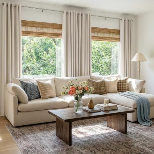 Image of 100% Blackout Shield Linen Textured Total Blackout Curtains for Bedroom 84 Inches Long, Beige Grommet Curtains for Living Room, Thermal Insulated Room Darkening Drapes, 50 inch W x 84 inch L, 2 Panels