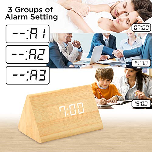 OCT17 Wooden Wood Clock , 2020 New Version LED Alarm Digital Desk Clock Adjustable Brightness, Alarm Time, Displays Time Date Temperature - Bamboo (White Light) - Thumbnail 5