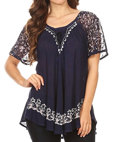 Image of Sakkas Ash Speckled Tiedye Embroidered Cap Sleeve Blouse Top with Embroidery Hems