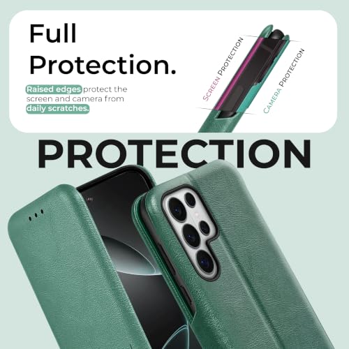 Image of PULOKA Premium Vegan Leather Phone Cover with Card Slot - Compatible with Samsung Galaxy S25 Ultra - Sleek Flip Case, Slim, Durable, Privacy Protection, Kickstand Function (Green)