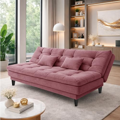 Image of Modern 3 Seater Sofa Cum Bed | Tufted Backrest | Velevt Fabric Upholstery | Living Room Furniture-Rose Pink