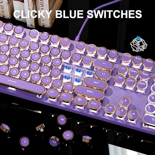 Image of MageGee Typewriter Mechanical Gaming Keyboard, Retro Punk Purple Round Keycaps, 104 Keys LED White Backlit Wired Keyboards for Laptop MAC PC Gamer, with Magnetic Wrist Rest, Blue Switch