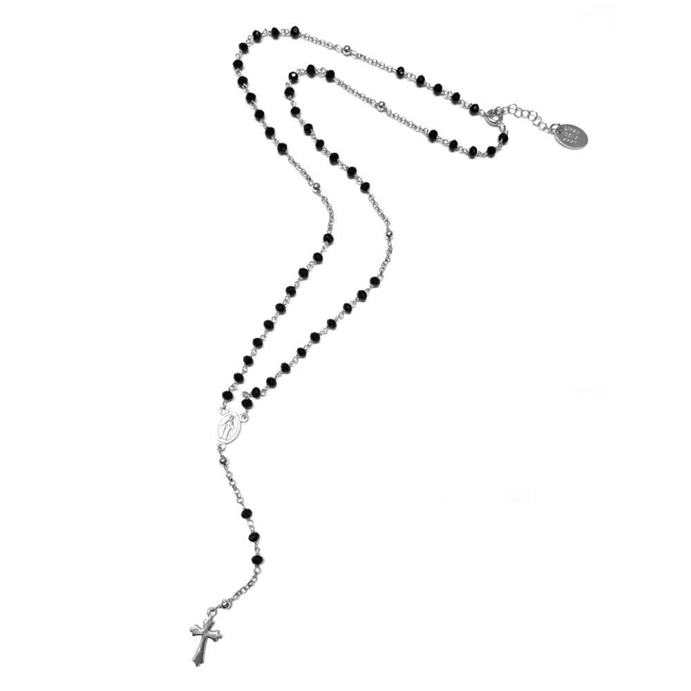 Linea Italia Gioielli - Collar Rosario Mujer en Plata 925 con Piedras Negras, Cruz y Medalla Virgen María - Joya Certificada Made in Italy