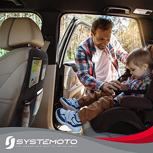 Systemoto Auto Rücksitz Organizer mit 4 Großen Taschen (1 Stück) - Autositz Organizer mit Trittschutz - Sitzschutz für Auto Rückenlehne - Vordersitz Schutz Kinder - Sitz-Schoner, Kickmatte (Schwarz)