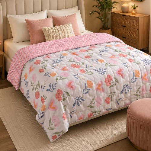Image of BENAVJI Double Bed Comforter Reversible Soft Microfiber AC Quilt, Floral & Heart Print, All Season Blanket