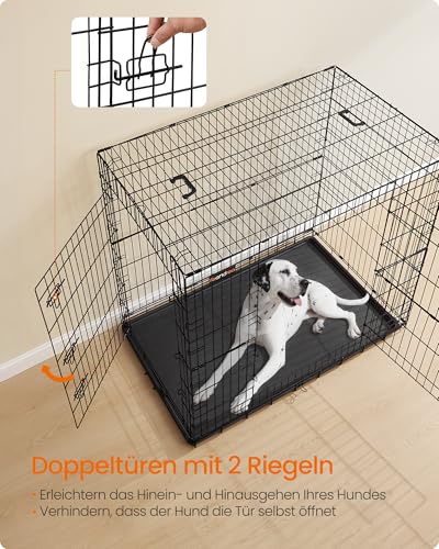 Feandrea Hundekäfig, klappbar, mit 2 Türen, ausziehbare Kunststoffschale, 122 x 74 x 114 cm, XXL, hoch, schwarz PPD050B01