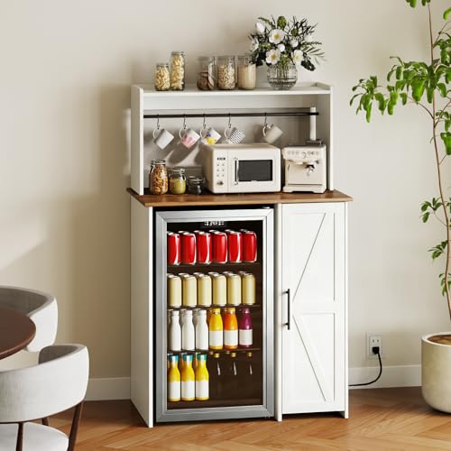 Mini Fridge Cabinet,Bar Cabinet with Fridge Space,Microwave Rack,with Power Outlet,Storage Space,Metal Handles,Anti-tipping Device,Suitable for Apartments,Kitchens. (Mini Fridge Cabinet-White)