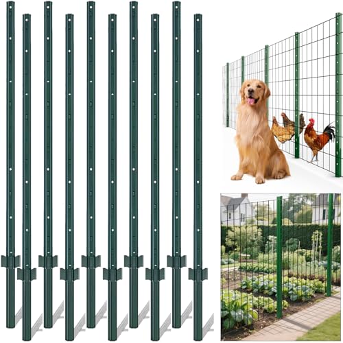 AMAGABELI GARDEN & HOME Metal Fence Posts 4 Feet 10 Pack Heavy Duty No Dig Garden U Post Stakes for Wire Fence Temporary Fencing Safety Fence Plastic Mesh Fence Garden Fencing T Post for Yard Green