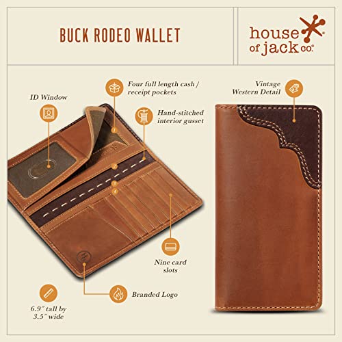 Image of House of Jack Co. Buck Long Bifold Wallet for Men, Full Grain Leather Rodeo Wallet, Western Long Wallet with ID Window, Slim Back Pocket Design, Tan