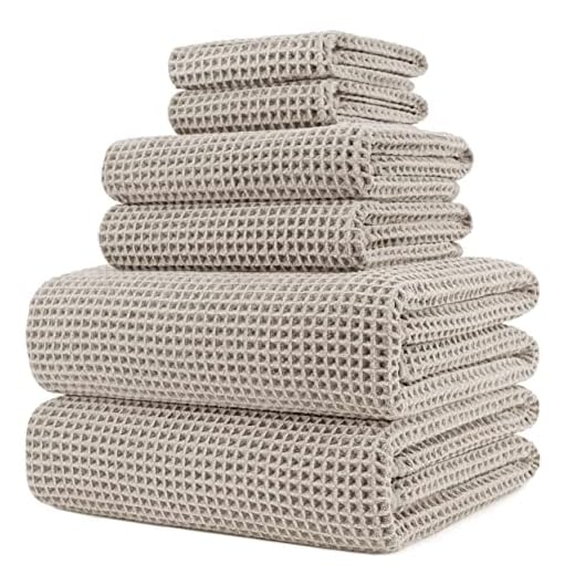 Polyte - Juego de Toallas de baño de Microfibra antipelusa - Secado rápido - Punto gofrado - Beige - Grande: 152 x 76,2 cm - Pack de 6