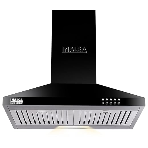 INALSA 60 cm, 1050 m3/hr Kitchen Chimney Enya BKBF with Stainless Steel Wall Mount Baffle Filters, Push Button Control, 5 Year Warranty On Motor, Black and silver