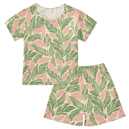 Pajama Sets Pink and Green Leaves Short Sleeve Summer Sleepwear 2 Piece Pjs