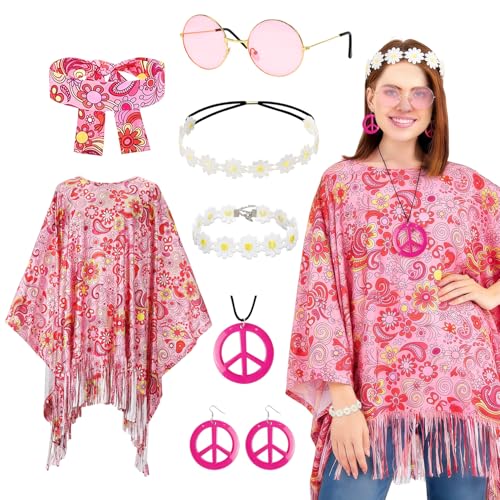 Meleager Déguisement hippie pour femme,Costume années 60/70, poncho Hippie avec accessoires,Costume pour carnaval, disco, soirée-Rose