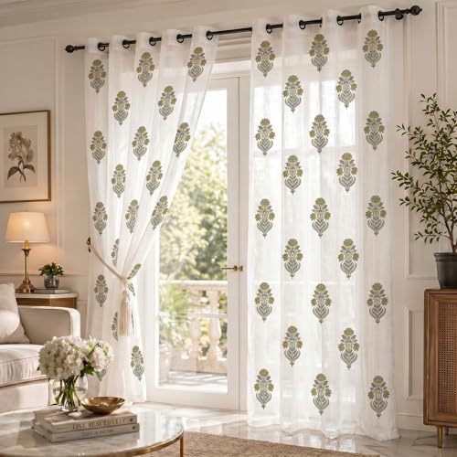 Image of LINENWALAS Decorative Cotton Linen Sheer Curtains 9 Feet for Long Door -Block Printed Door Curtain | Grommet Hanging Style Pack of 2 Panels |Light Filtering Sheer Drapes (Golden Willow)