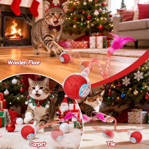 Image of Interactive Cat Toy Ball - Christmas Cat Toys for Indoor Cats with Feather Tails for Chasing, Moving Stimulation Smart Cat Toy for Enrichment, Motion Activated Automatic Rolling Toys to Keep Them Busy