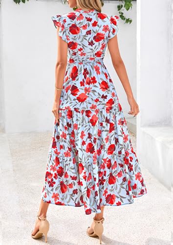 Image of PRETTYGARDEN Women's 2026 Summer Floral Midi Dress Cap Sleeve V Neck Ruffle Long Flowy Boho Casual Beach Vacation Dresses