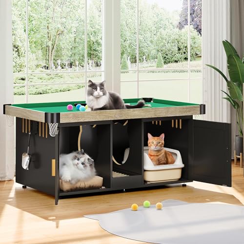 DWVO Mini mesa de billar 4 en 1 para gatos, caja de arena para 2 gatos, torre de mesa de billar para gatos con varita de plumas, camas interactivas de descanso y muebles de caja de arena, negro,