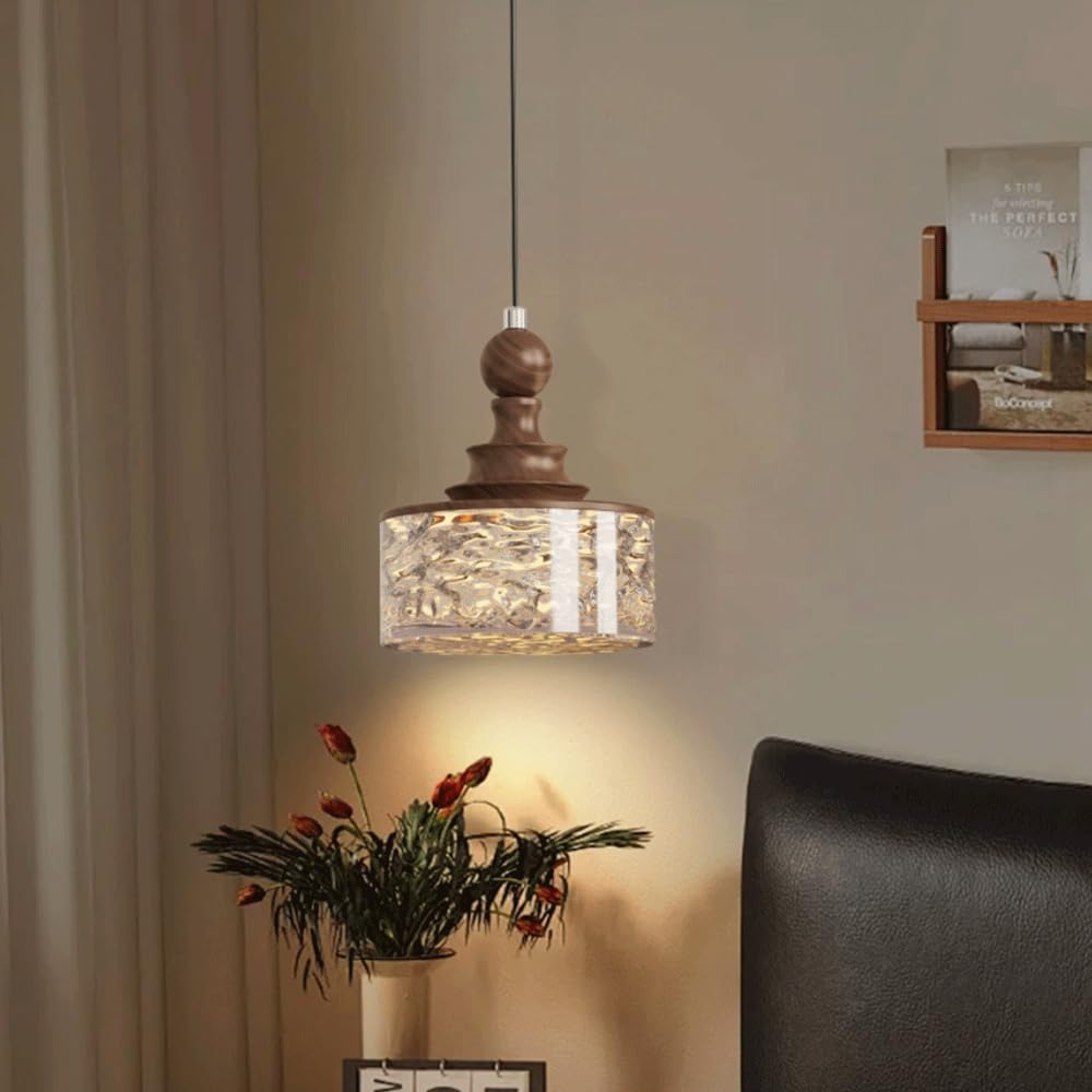 Cylindryczna lampa wisząca z żywicy w stylu Pagoda, francuski żyrandol retro z połowy wieku, żelazna rama z żywicy orzechowej/czarny i przezroczysty, 12 W LED, lampa wisząca do sypialni