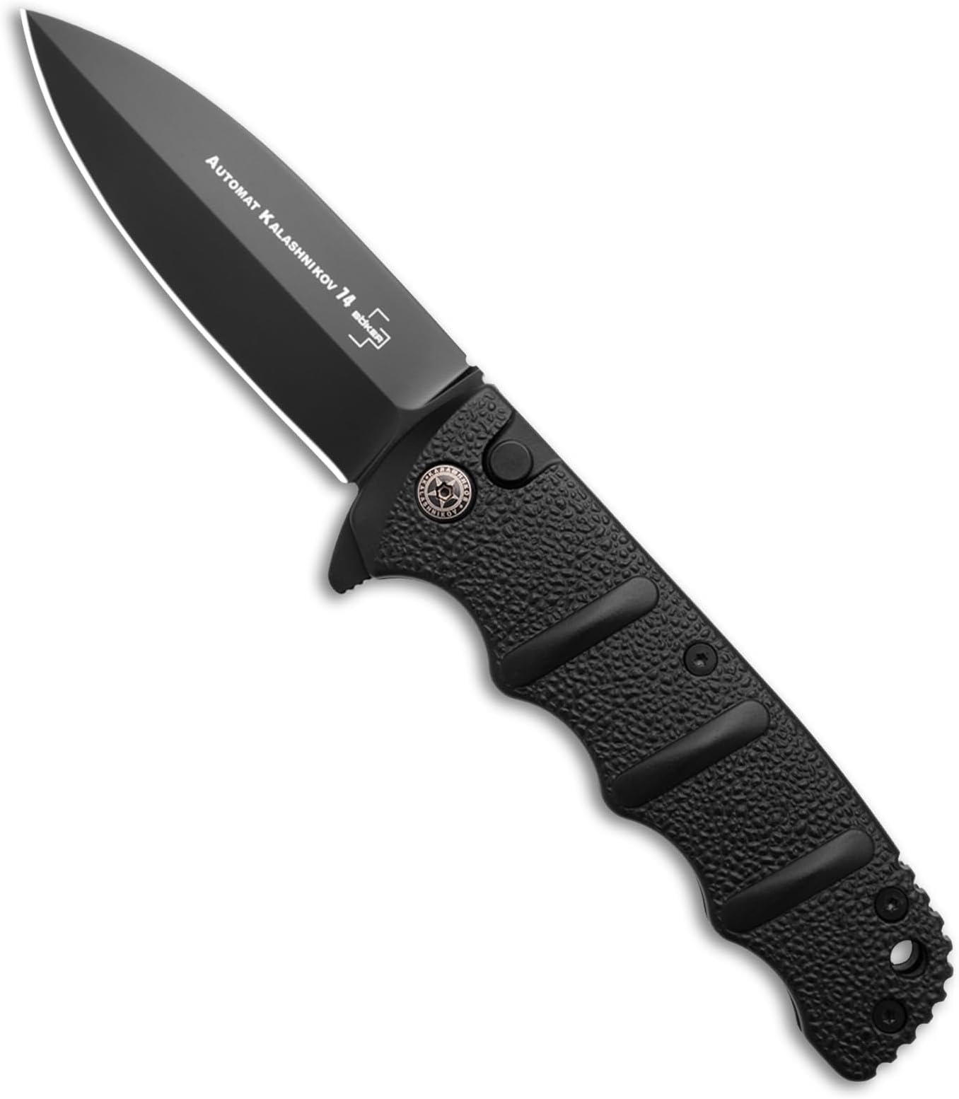 Böker Kalashnikov Button Lock Manual Flipper Pocket Knife, D2 Steel Blade and Black Aluminum Handle, EDC Knife (Black)
