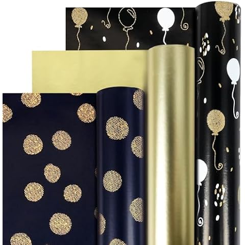 KESTAR Birthday Wrapping Paper Roll, Mini Roll - 3 Rolls Navy Blue Black Matte Gold Foil Gift Wrapping Paper, Gold Foil Dots and Balloon Gift Wrap for Birthday, Holiday, Party, 17 inch x 10 feet Each Roll Cover