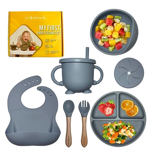 Image of Li'l Rockstar Baby Led Weaning Supplies - Silicone Baby Feeding Set – Silicone Baby Bibs Suction Bowl Divided Plate Cup Self Feeding Spoons – Baby Toddler Dish Set (Blue)