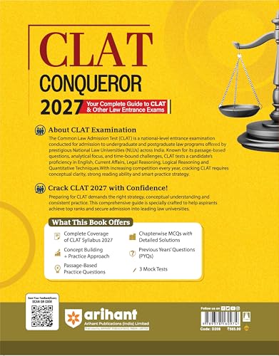 Image of Arihant CLAT Preparation Guide 2027 | CLAT Conqueror | Legal Reasoning, English, Quantitative Aptitude, Logical Reasoning, Current Affairs | PYQs 2026-2025 | 2000+ MCQs & 3 Practice Sets