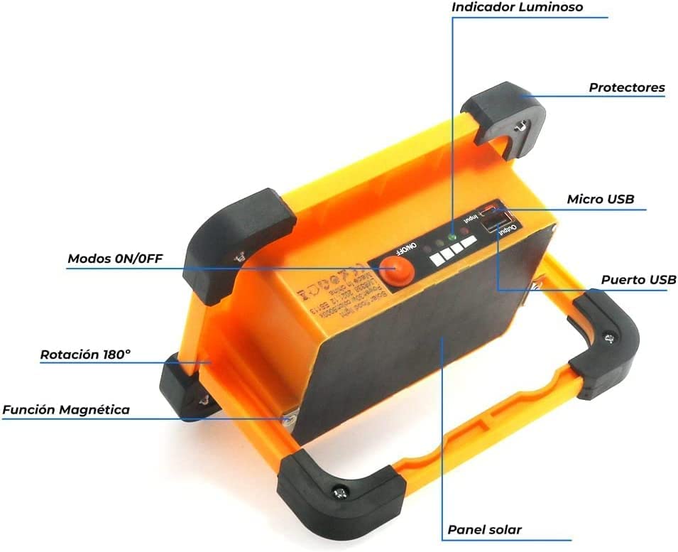 M Ledme - Faretto per proiettore LED portatile Solar PowerBank con batteria, 4.500 lumen, ricaricabile, luce per lavoro, ricaricabile USBo solare, campeggio, garage, pesca, LM6335