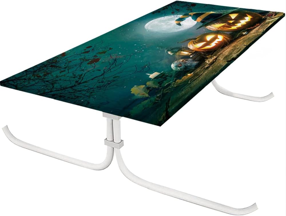 Halloween Pumpkin with Witches Hat Rectangular Fitted Table Cover Elastic Tablecloth for 96"x 30"/8ft Table for Dining Wedding Party Picnic Style76