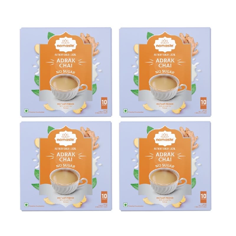 Image of Namaste Chai Adrak Chai Instant Tea Premix | Unsweetened Chai Premix | Instant Adrak Chai Powder | Ginger Tea Premix Sachets | Instant Chai Premix Sachets | Chai Pre Mix | 11g x 10 Sachets | Pack of 4