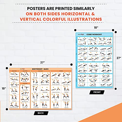 SPORTAXIS-No-Equipment Laminated Home Workout Posters with Colored Illustrations- Men and Women Workout-Bodyweight Basic, Bodyweight Advanced, Yoga, Abs, Muscular Diagram Posters-18 x 27