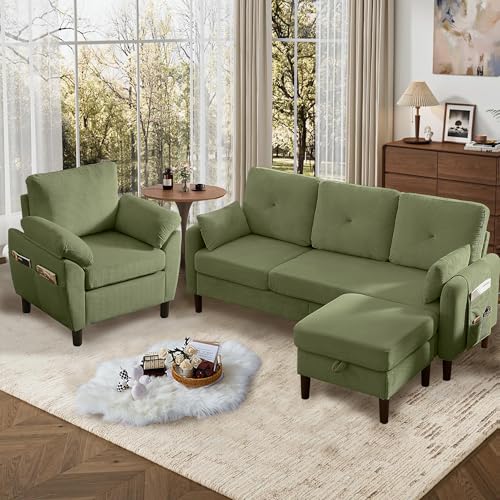 Image of 3 Pieces Sofa Set for Living Room with Sofa, Storage Ottoman and Single Chair