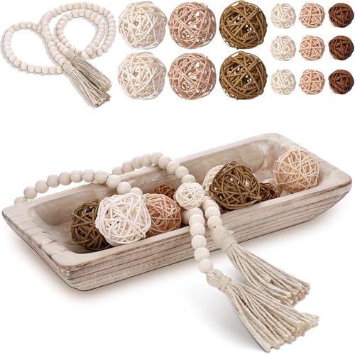Teenyyou 17 Pcs Wooden Centerpiece Table Decorations Wood Dough Bowl Wicker Rattan Balls Beads String with Tassel Natural Decorative Tray Rustic Bowl Filler for Dining Room Kitchen(White)