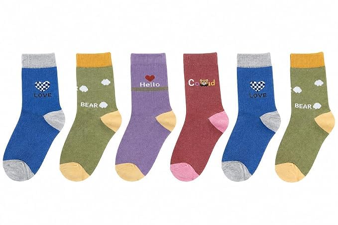 Image of Kids Cotton Crew Socks for Boys & Girls (3-5 Years) | Soft Breathable Cotton Blend Daily Wear Socks | Bear Love & Hello Print | Comfortable Crew Length | Pack of 6 | Multicolour