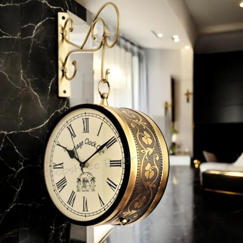 Vintage Clock Metal Handcrafted Brass Finish One Side English Other Side Roman Number Railway Station Double Side Analog Clock, 6 Inches
