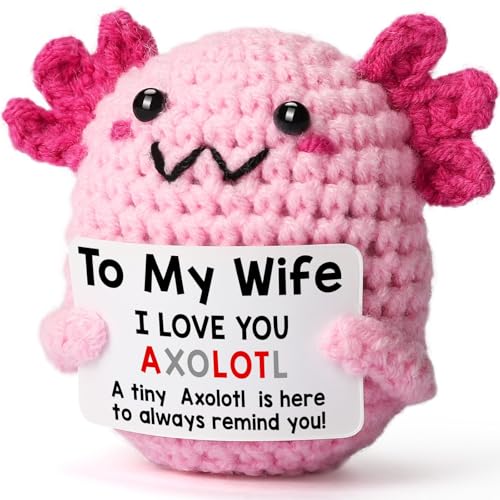Wife Gifts from Husband, Mini Crochet Axolotl for Mothers Day Birthday Christmas Wedding Anniversary, Funny Romantic Present Like Card Necklace Bracelet Earring Blanket Slippers Candle Mug Basket Box