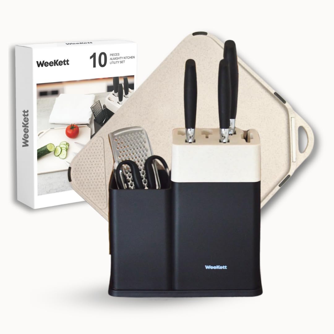 Kitchen Knife Set with Block & Integrated Sharpener – Stainless Steel Knives for Home Cooking & Meal Prep – 10-Piece Gift Set with Chopping Board