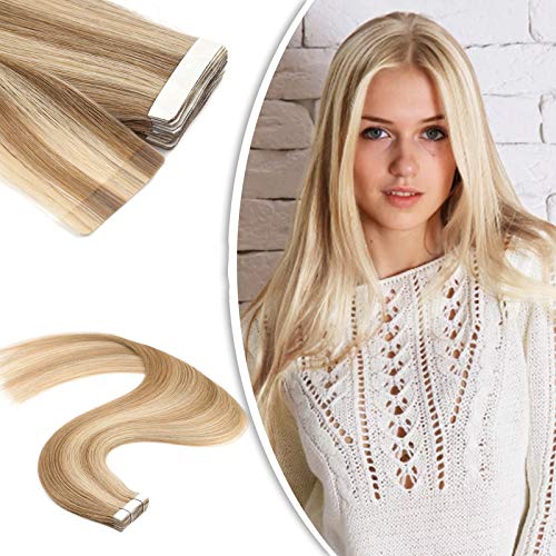 Neitsi 20pcs/pack 100% Tape in Human Hair Weft Extension Straight Glue Hair Weft (16inch, P27/613)