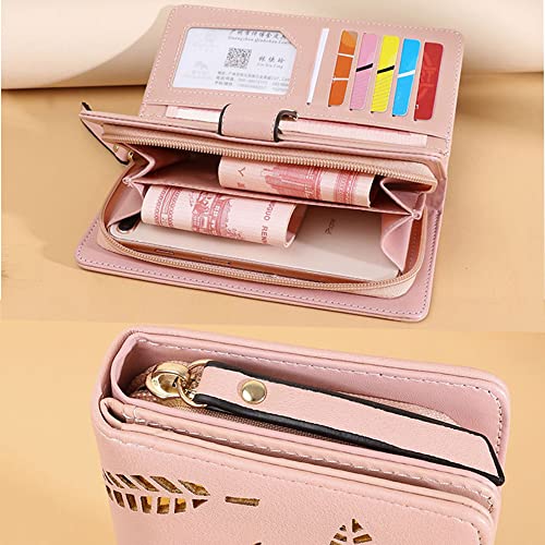 Mu Mianhua Ladies Purse Wallet, Leather Long Purse, Women Leather Wallet Purses Ladies Purse Clutch Holder Case Handbag with Cash/ID/Credit Card Holder Girls Coin Purses Hollow Leaf Zipper Wallet,4