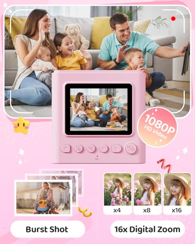 Image of TIATUA Kids Instant Print Camera, 1080P HD Video Digital Toy, Pink | Includes 32GB Card, 3 Rolls Paper & 5 Coloured Pens, Inkless Print, 16x Zoom, Christmas Birthday Toy Gift for Kids 3-14