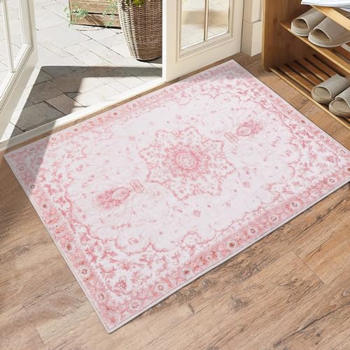 Image of Sofrug 2x3 Entryway Rug, Honeycomb Non Slip Indoor Door Mat, Washable Small Area Rug, Vintage Floral Pink Rug for Bedroom Kitchen Entryway Bathroom
