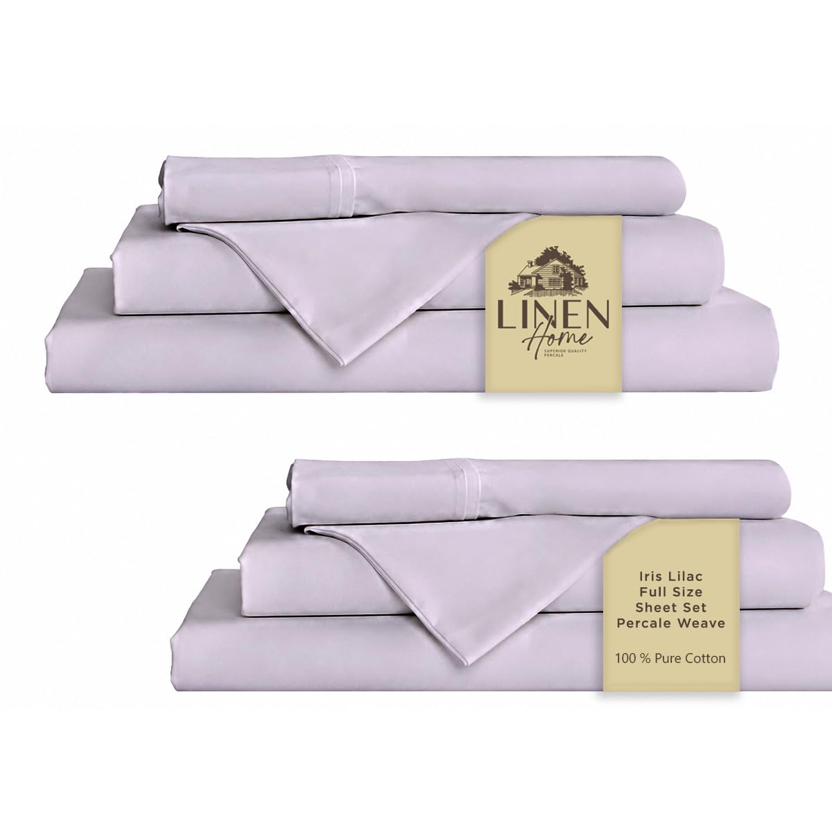 Linen Home 2-Pack Full Sheet Set, 100% Cotton Percale Bedding, 8-Piece Value Bundle, Deep Pocket Cooling Bed Sheets for Hot Sleepers, Breathable &amp; Crisp Hotel Quality, Long-Staple Cotton, Iris Lilac