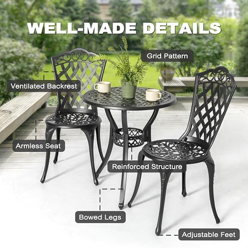 Image of NUU GARDEN 3 Piece Outdoor Bistro Table Set, All Weather Cast Aluminum Patio Bistro Sets Patio Table and Chairs Set of 2 with Umbrella Hole for Yard, Garden, Balcony, Black