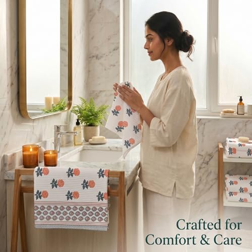 Image of Mafatlal Madhuban Super Absorbent Cotton Set (1 Bath 147x76 cm + 2 Hand 76x38 cm) | 250 GSM | Hand Printed Floral | Tea Rose
