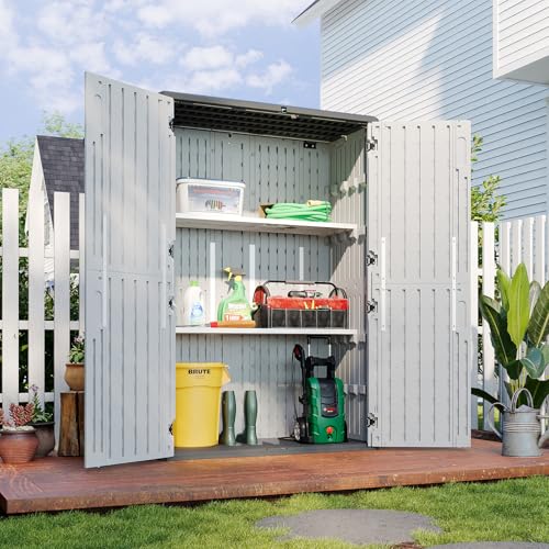 Image of Aoxun White Resin Outdoor Storage Shed with 2 Shelves & Floor, 64 Cu.Ft Vertical Waterproof Cabinet for Garage, Pool, Bike, Garden Tools, Patio Furniture