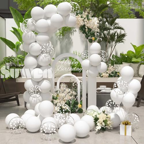 Image of SUWEN White and Confetti Balloons Set 47PCS Latex Helium | White Balloon for Birthday Anniversary Party Decorations