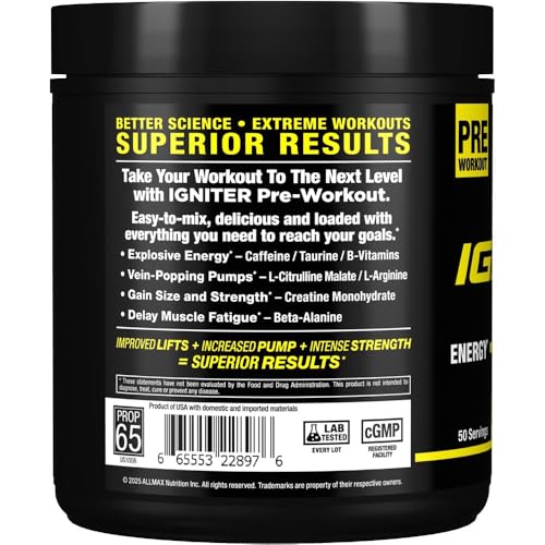 Image of ALLMAX IGNITER Sport, Blue Raspberry - 330 g - Pre-Workout Formula - with Caffeine, L-Citrulline, L-Arginine, Creatine & Beta Alanine - Up to 50 Servings
