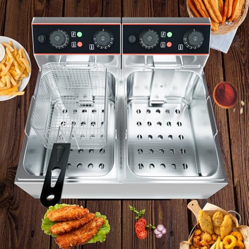 GarveeHome Commercial Deep Fryer with Basket, 6.3 QT/6 L Stainless Steel Electric Countertop Fryer with Double Tanks and Temperature Control for Restaurant and Home Use,1500 W+1500 W