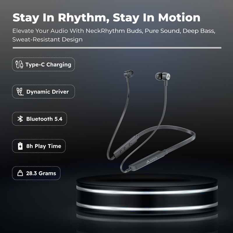 Image of APES NeckRhythm Wireless Bluetooth Neckband, 8Hrs Playtime, 10mm Drivers, Bluetooth v5.4 (Black)