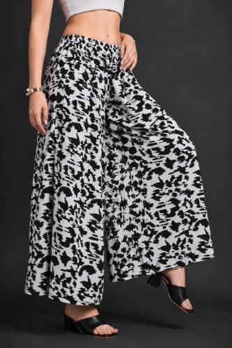 Image of Viscose Rayon Flared Printed Plazzo Palazzo Pants, Loose /Relaxed Fit Regular, Office Wear, Casual Wear Comfortable, Trouser Pants for Girls & Women Black Kerri Design (S to 3XL Size)